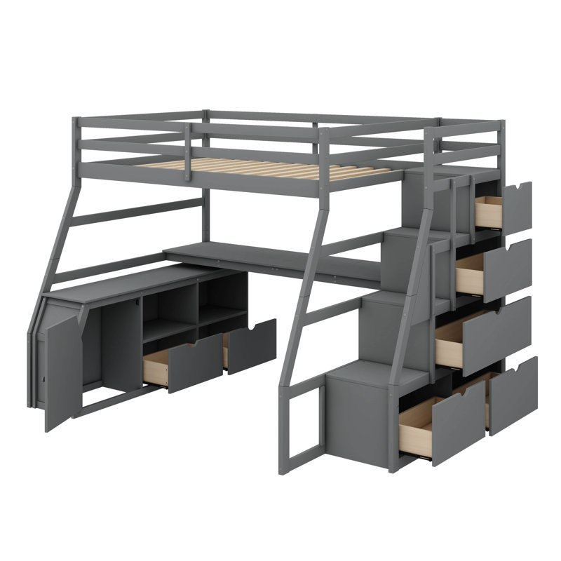 Full-Size Raised Bed Featuring 7 Drawers, 2 Display Shelves, And A Work Desk, Gray, Full