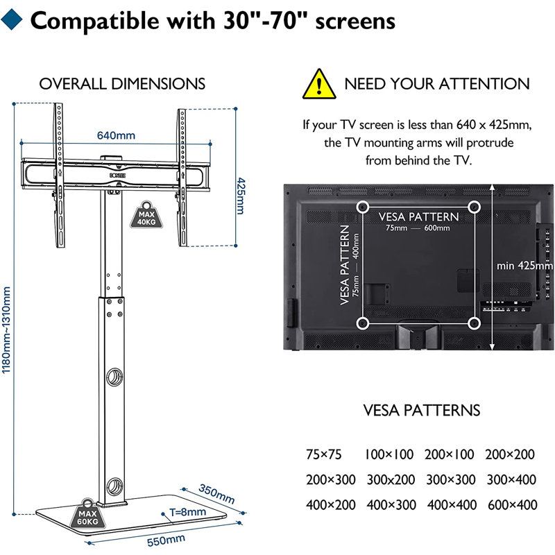 Universal Tall TV Floor Stand for 30-70 Inch Flat & Curved LED LCD OLED TVs, Height Adjustable Swivel Freestanding TV Stand Base, Holds up to 40kg, Max VESA 600x400mm