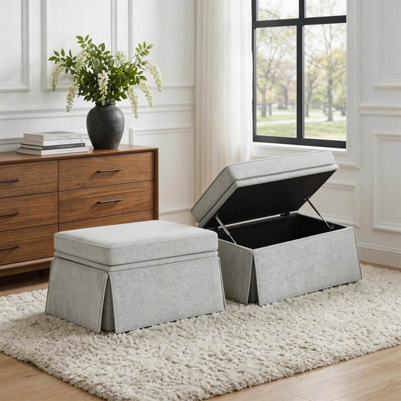 Upholstered Beige Skirted Rectangular Storage Ottoman with Lift-Top (Set of 2), Ash Gray Chenille