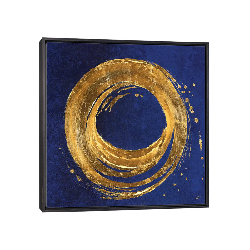 «Gold Circle on Blue» par Patricia Pinto - reproduction d'art, Toile avec cadre noir patiné, Pas de tapis