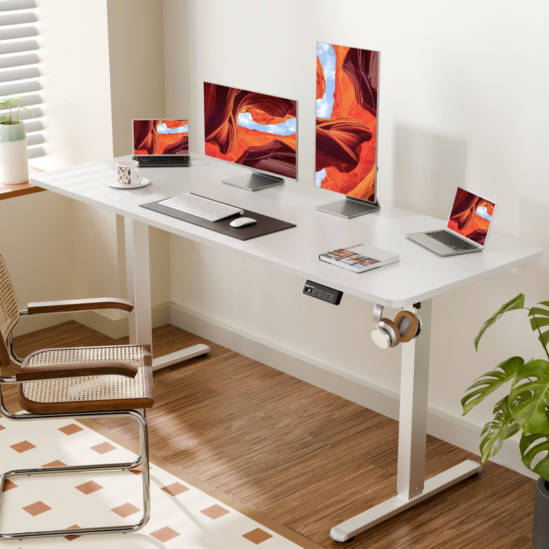 ERGOMAKER Electric Standing Desk，Height Adjustable Desk，63 x 23.6 Inches，with Splice Board，Child Lock & Memory Function,White