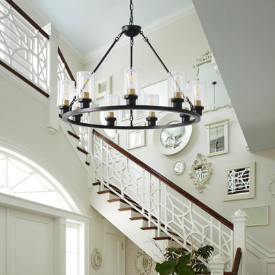 Large Farmhouse Wagon Wheel Chandelier With Glass Shades - Light Industrial Rustic Ceiling Pendant Light For Dining Room, Living Room, Foyer