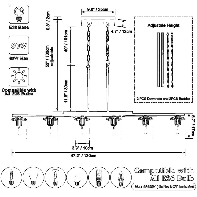Luminaire suspendu 6 lumières pour îlot de cuisine, lustre de style campagne moderne avec abat-jour en verre transparent, plafonnier réglable en métal noir rustique