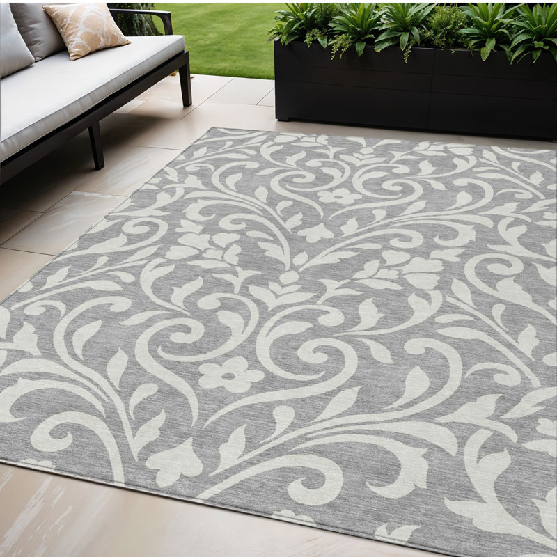 Tapis d'intérieur lavable à motif floral gris et ivoire 5 pi x 8 pi
