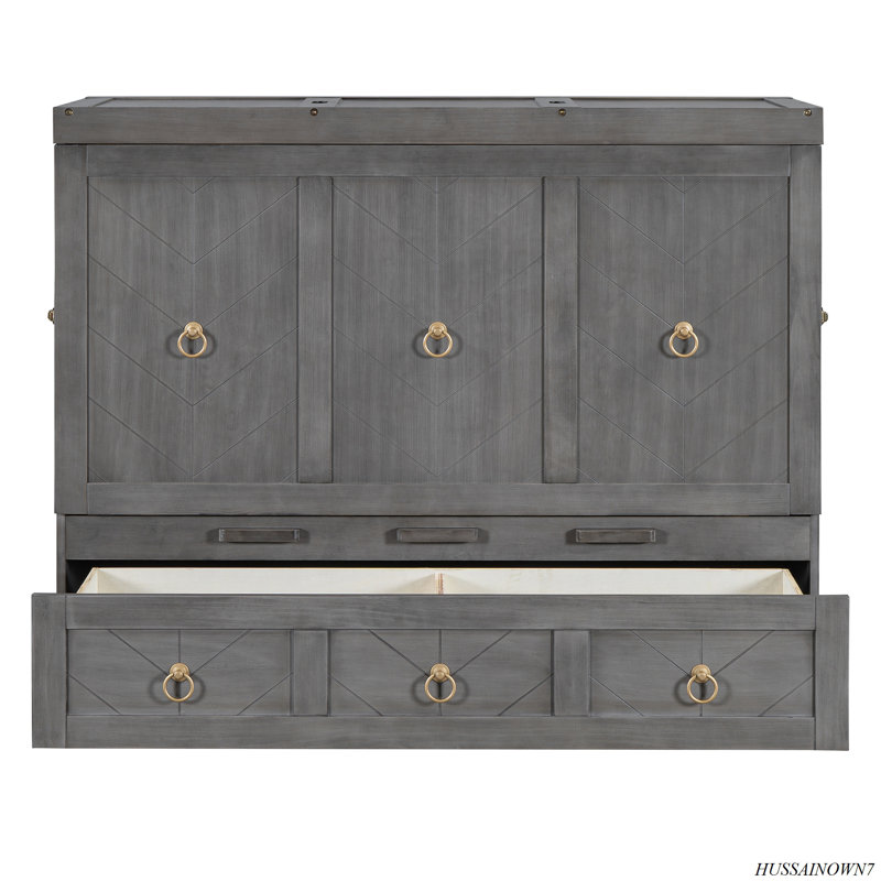 Lit escamotable avec port USB et grand tiroir, Gris, Lit double