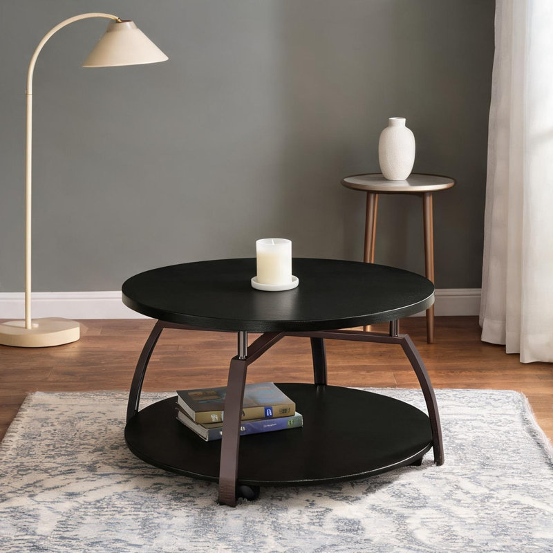 Table basse ronde, plateau en bois massif avec finition noir profond et nickel noir, tablette de plancher et roulettes, pour le salon