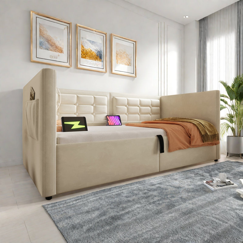 Upholstered Daybed With Hydraulic Storage And Usb & Type-c Charging, Beige