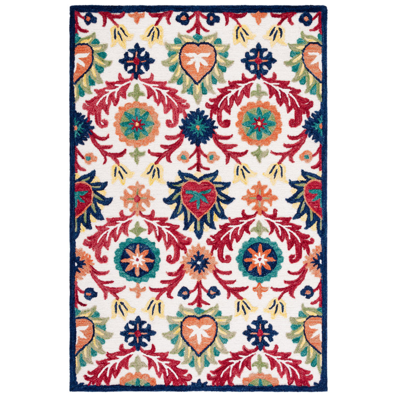 Tapis oriental en laine / coton touffeté à la main Blossom - orange / ivoire / vert, Rectangle 4 pi x 6 pi