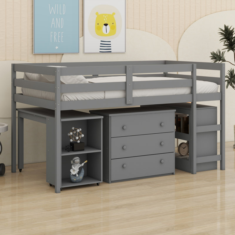 Lit mezzanine bas avec tablette, tiroirs et bureau portatif à roulettes, Gris