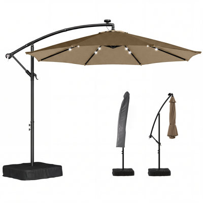 10 ft Cantilever Patio Umbrella with Solar LED Light, Sandbag Weight, Offset Hanging Outdoor Market Umbrella with Protective Cover, Crank and Tilt, Tan