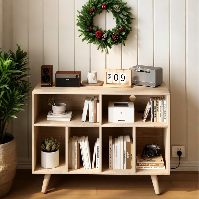 Large Record Player Stand with Power Outlet, Farmhouse Vinyl Record Storage Cabinet Holds 350 Albums, Turntable Table Shelf with Cable Management, 6 Storage Cubbies for Living Room, Bedroom, Office