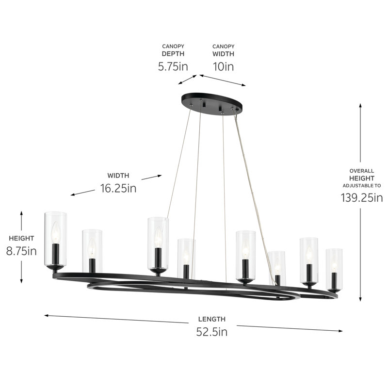 Lustre courbé moderne avec verre cylindrique transparent, H 8,75 po x l 16,25 po x P 52,5 po, Noir satiné, 8