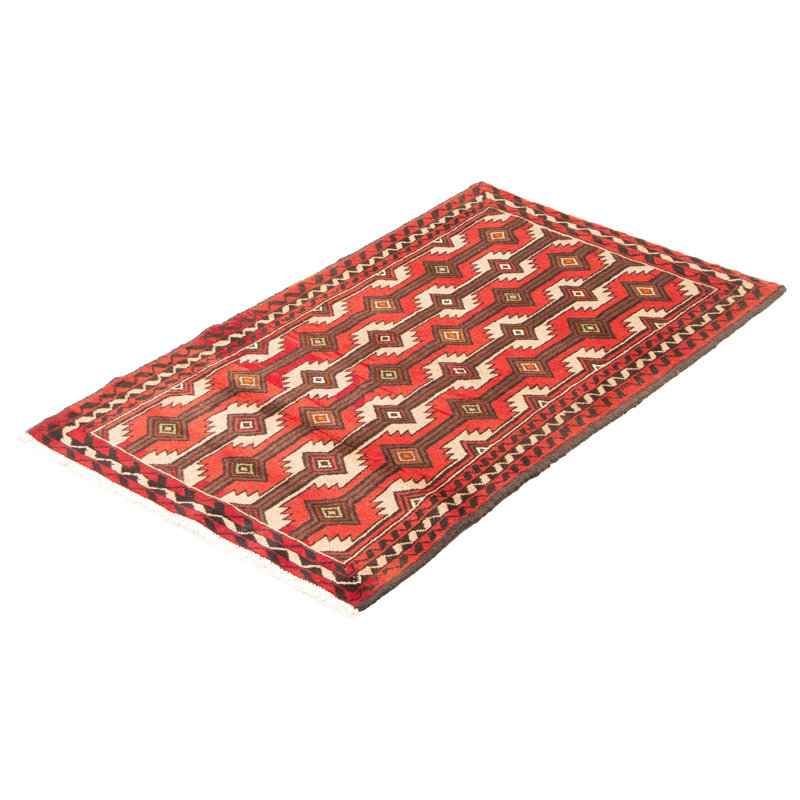 Tapis de couloir rouge en laine noué à la main de conception unique 3 pi 2 po x 5 pi 3 po Nis