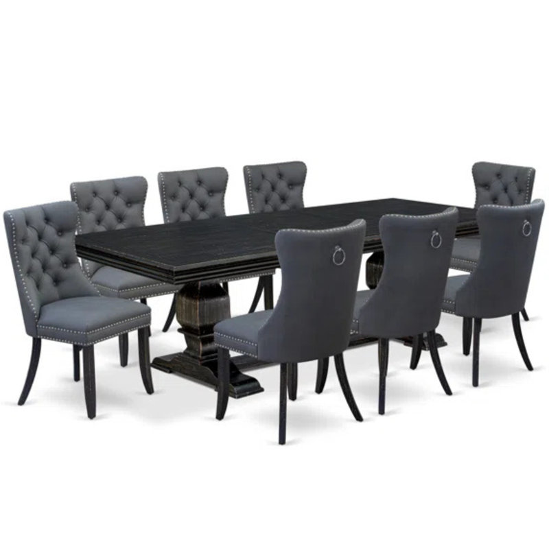 9 Pieces Dining Table Set Includes a Rectangle Table and 8 Platinum Gray Polyester fabric Dining Chairs, Sand Blasting Black