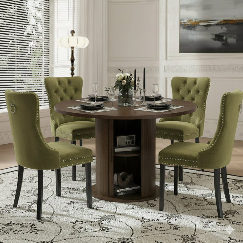 5 Pieces Round Dining Table Sets For 4-6 People, Olive Green/Black