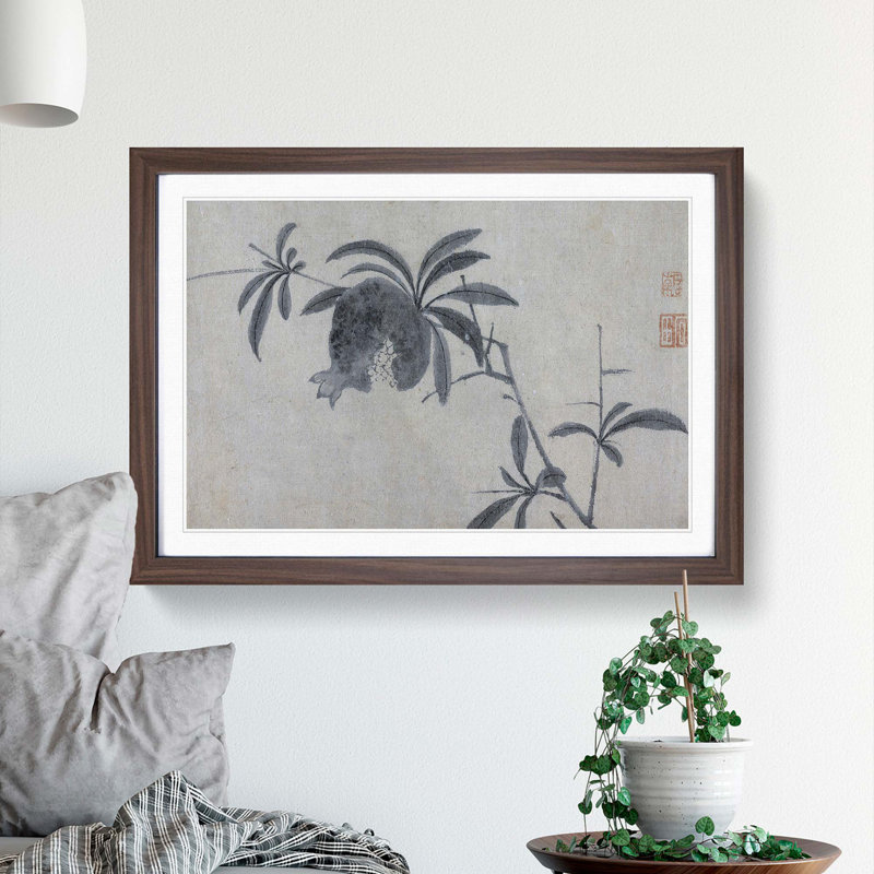 Pomegranate Tree by Shen Zhou - Picture Frame Painting Print, 27cm H x 36cm W x 2cm D, Walnut Framed
