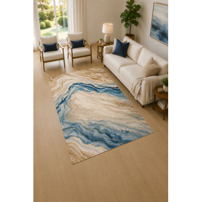 "Ultra Light Weight" 5' x 7'  Blue  and  Cream Coastal Flow Area Rug for Living Room, Soft Low Pile Carpet with Non-Slip Silicone Backing, Decor for Bedroom  and  Home Office