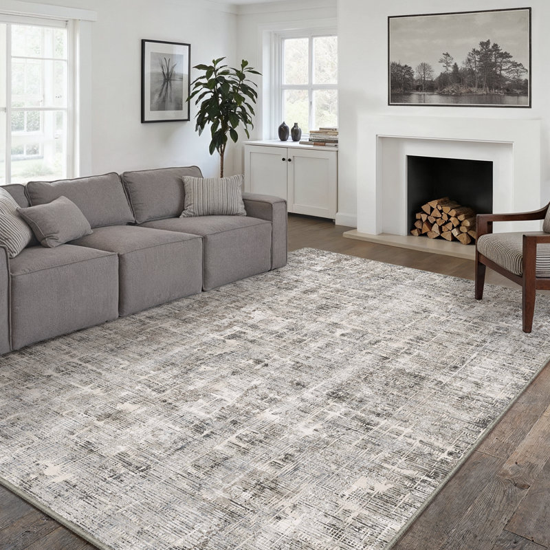 Elegant Modern Machine Washable Area Rug in Grey, Rectangle 9' x 12'