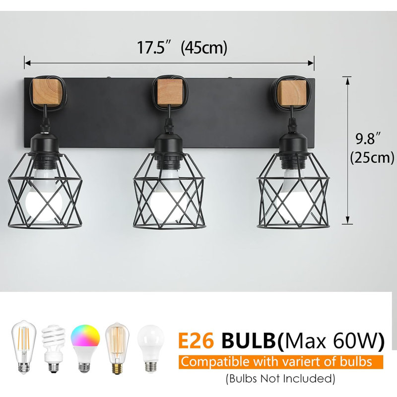 Éclairage de salle de bain 3 lumières, miroir mural industriel en bois noir