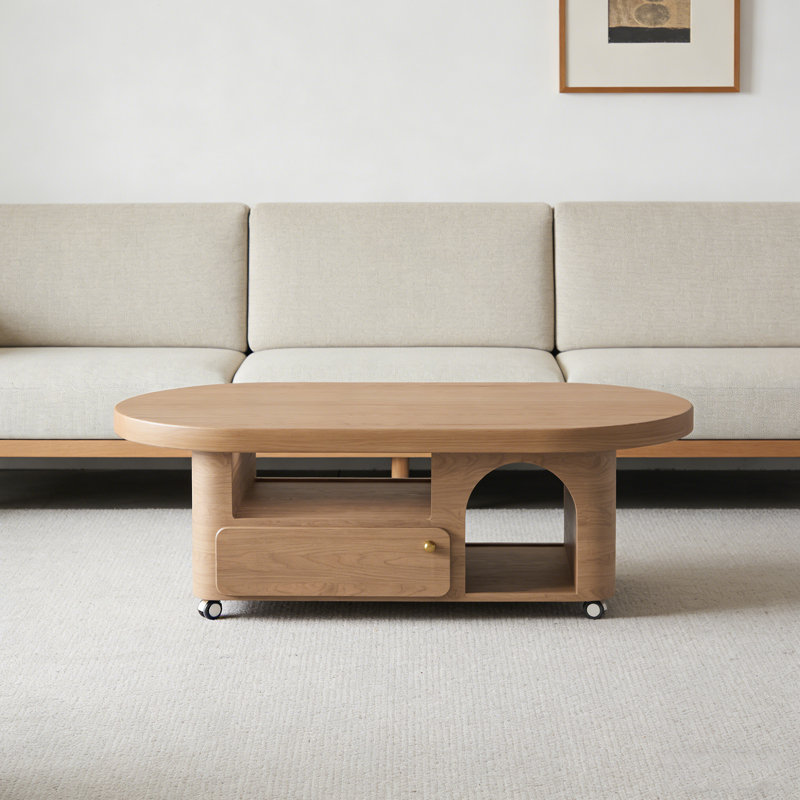 Table basse moderne avec tiroir de rangement à roulettes, H 16,53 po x l 55,11 po x P 23,62 po, Naturel