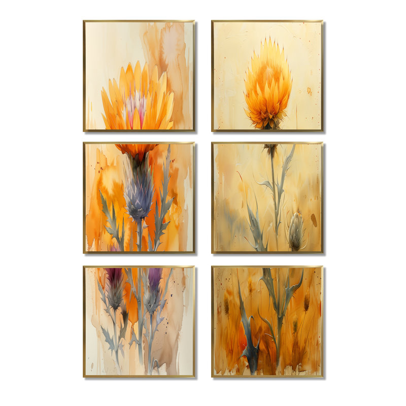 «Morning Summer Yellow Thistle», ensemble de 6 impressions sur toile Thistle, Impression encadrée sans passe-partout, Doré