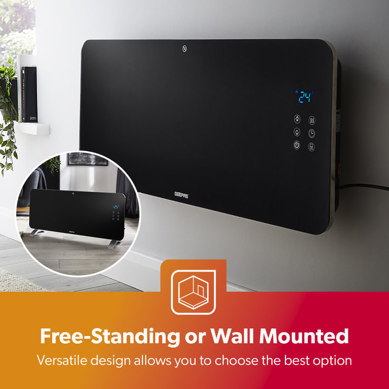Geepas Electric Glass Panel Heater 2000W | Wall Mounted or Freestanding Smart Convector Heater with WiFi App LED Touchscreen Control Child Lock | IP24 Rated Water Resistant 24H/Weekly Timer | 2 Yr Warranty