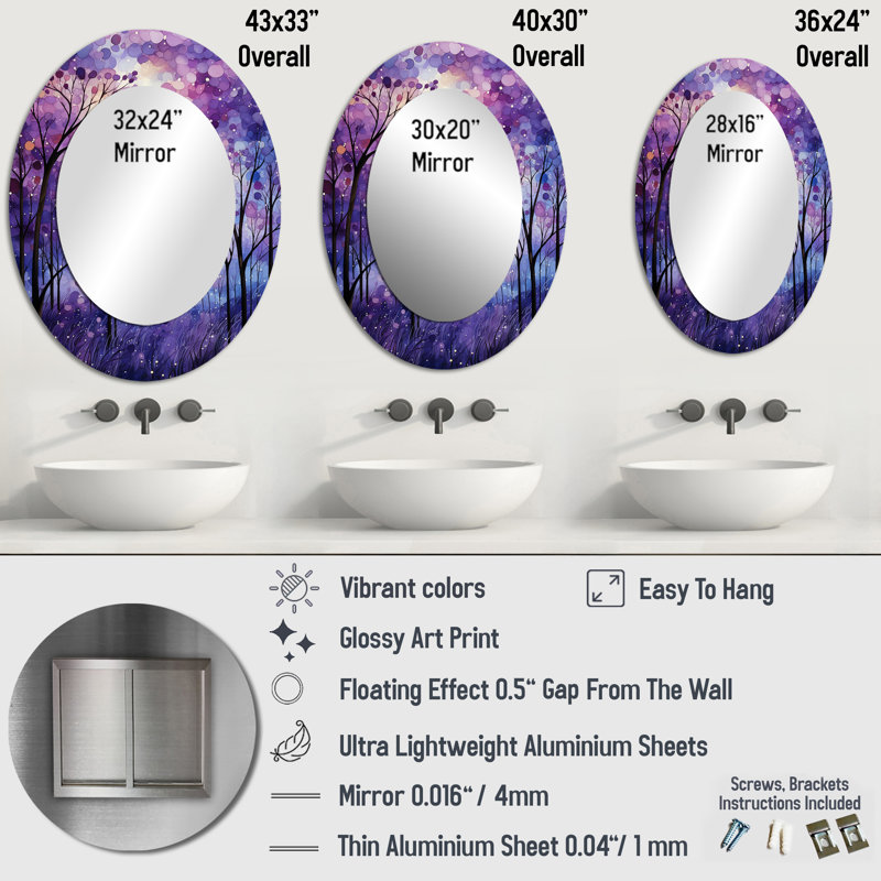 Violet Serenade - Purple Modern Oval Wall Mirror, 36" x 24"