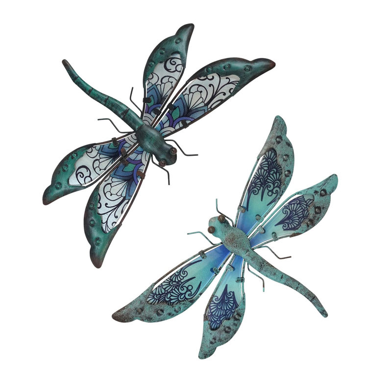 Ensemble de 2 libellules en verre et métal, art mural extérieur bleu clair