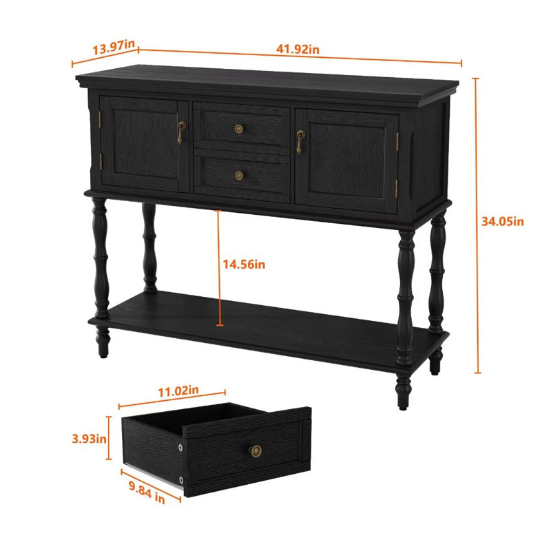 Farmhouse Wood Console Table with Drawers and Cabinet for Entry and Living Room, Black