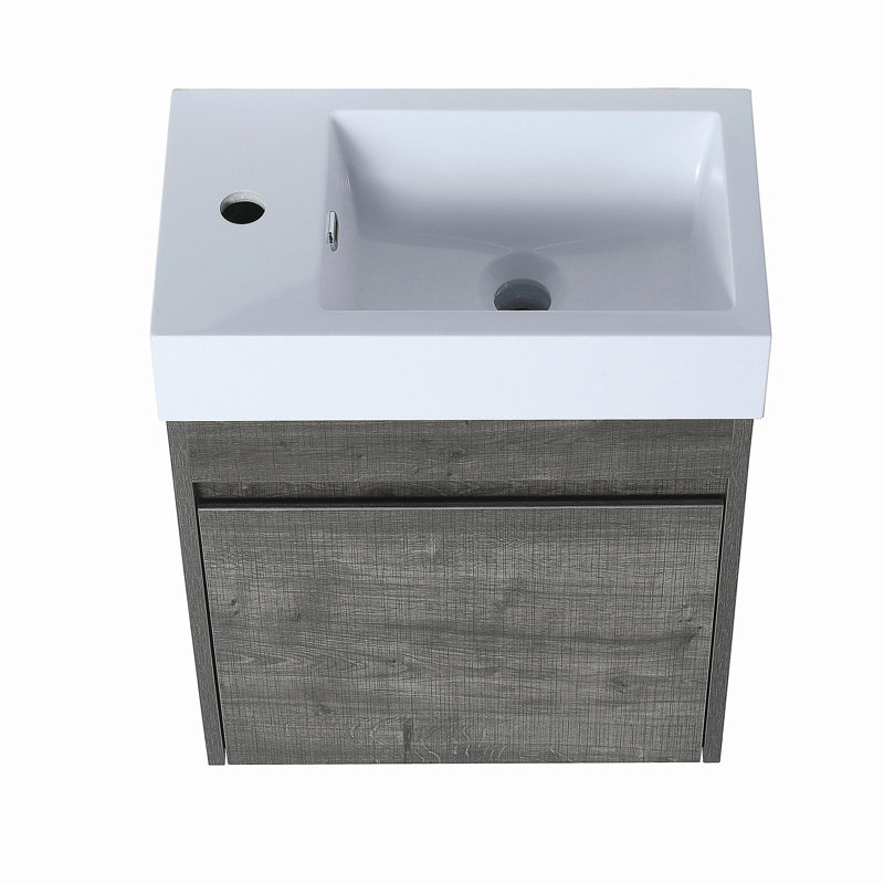 Meuble-lavabo mural suspendu de 18 pouces, équipé d'un lavabo en résine blanche et de portes d'armoire à fermeture en douceur
