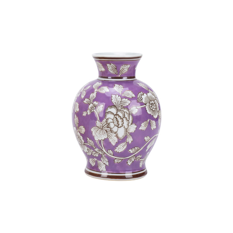 Chinoiserie Hand-Painted Porcelain Vase, Peony & Vine Ceramic Accent for Living Room & Entryway, 3 Colors Available, 8.9" H