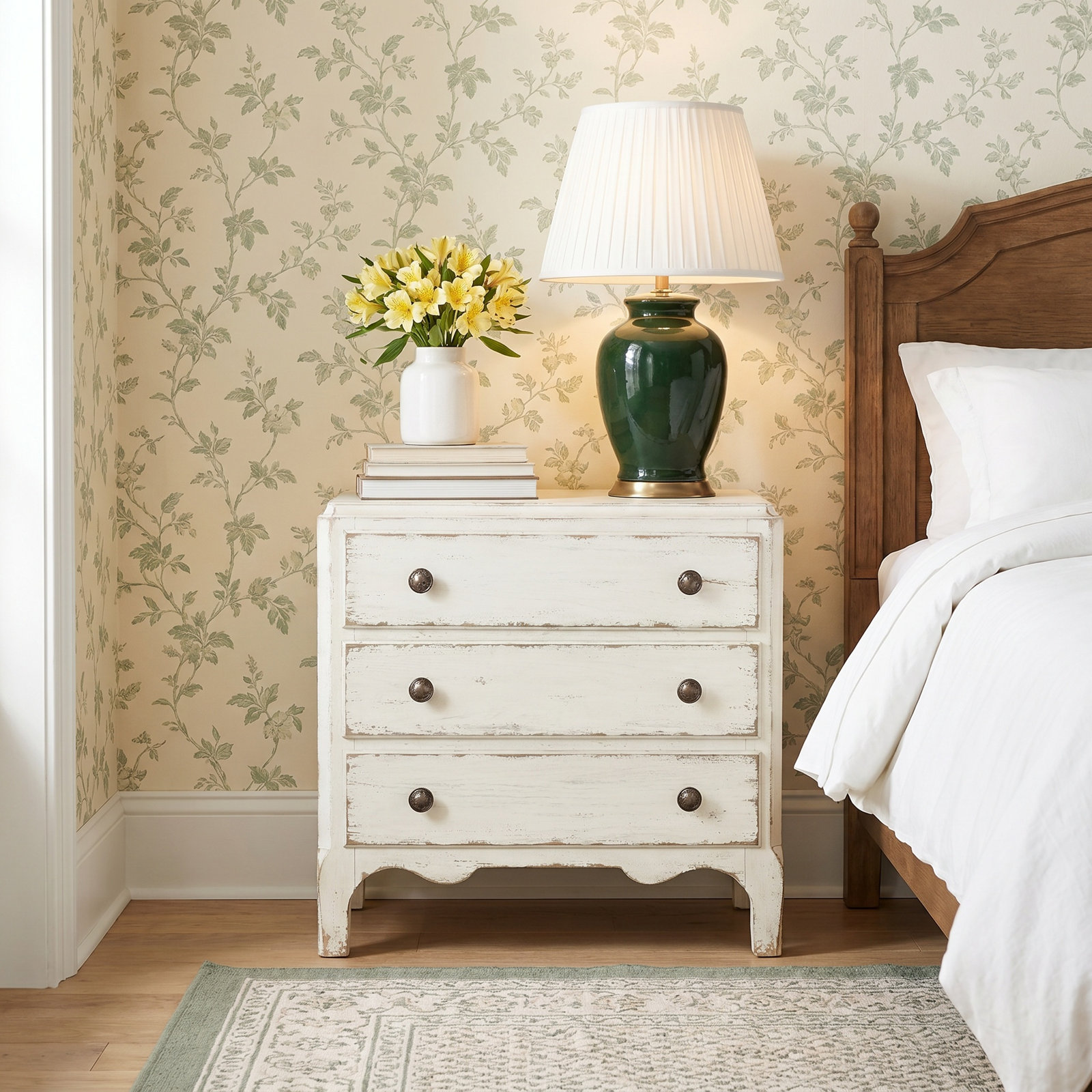 Alcy 3-Drawer Oak Nightstand, Cream/Beige