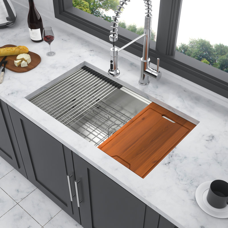 30*19*9 Inch Undermount Kitchen Sink Of 16 Gauge Stainless Steel, Brushed Nickel Finish, Workstation For Extra Utility, And Included Cutting Board Appearance, Extended Colander