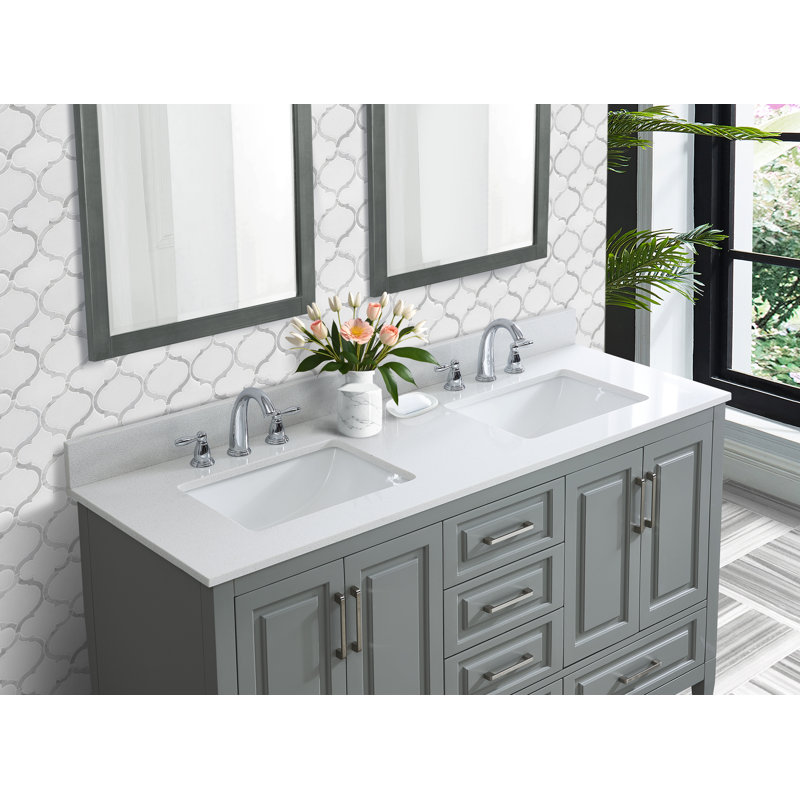 Dessus de meuble-lavabo d'ingénierie blanc neige 61 pouces avec double lavabo et dosseret, Blanc neige