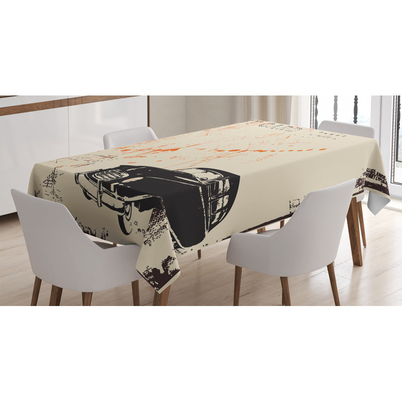 Ambesonne Vintage Car Tablecloth, Art With Classic Old Fashioned Car On The Street Vintage Postcard Style Design, Rectangular Table Cover For Dining Room Kitchen Decor, 60" X 90", Beige Black