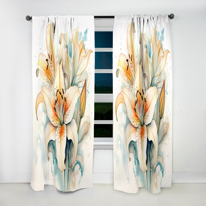 White And Yellow Elegant Lily Purity III - Lilies Floral Room Darkening Curtain - 1 Panels, 52" W x 84" L