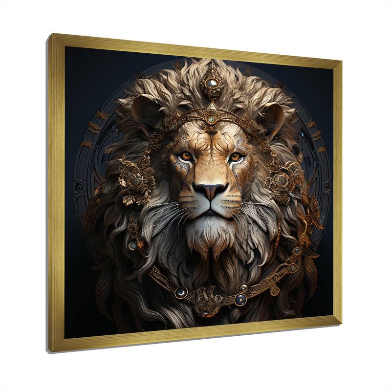 Lion couronné en majestueux I - décoration murale animal lion, Cadre doré simple, H 36 po x l 36 po x P 1,5 po