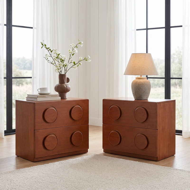 Table de chevet en bois massif 22,8 po l 22,8 po avec 2 tiroirs MCM, Brun, Poignée ronde, Ensemble de 2