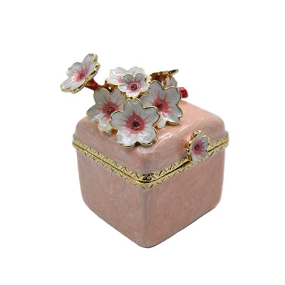 Big Square Trinket Box with Flowers. Hand Painted Enamel, Austrian Crystals