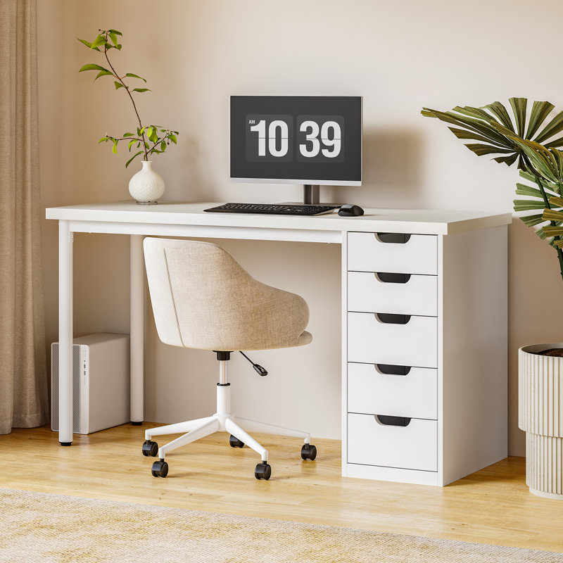 Bureau d'ordinateur 47 pouces avec 5 tiroirs , Blanc / blanc