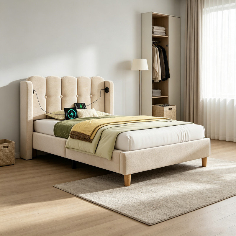 Upholstered Single (3') Velvet Bed, Beige