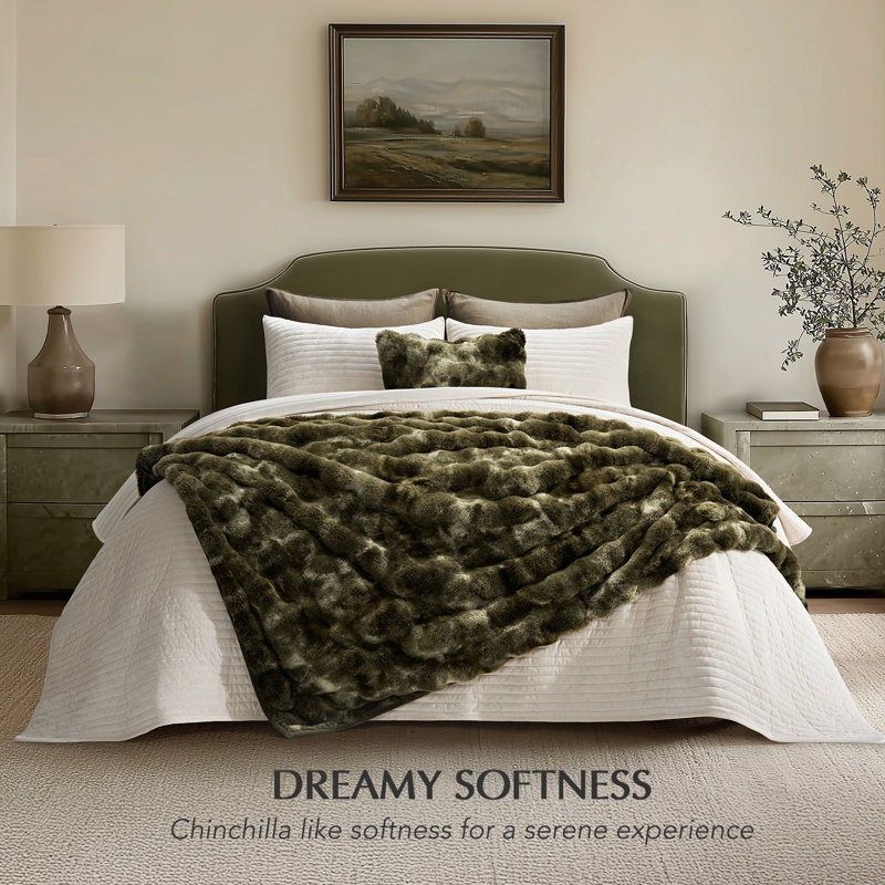 Ridgeline Faux Fur Throw Blanket, 80" L x 60" W, Olive Marble