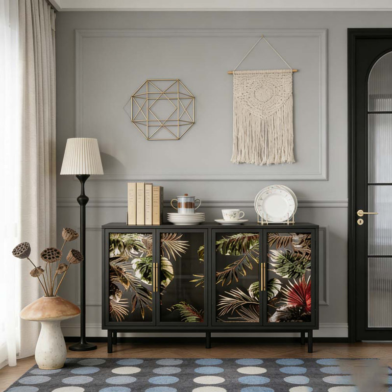 Buffet armoire 4 portes vitrées peinture d'art rétro armoire de rangement décorative