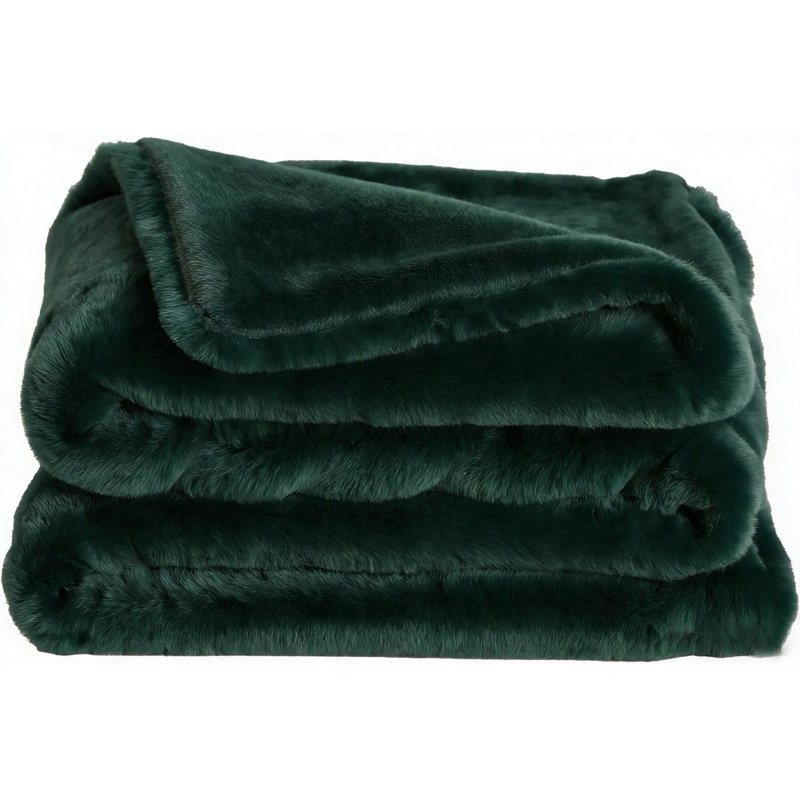 Emerald Green Faux Rabbit Fur Reversible Blanket, Soft Plush Throw Blanket With Flannel Reverse, Cozy Warm Blanket For Bed & Sofa, Machine Washable