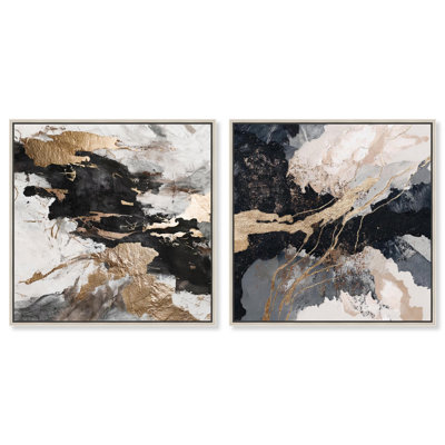 Ensemble de 2 décorations murales dorées sur toile Golden Fracture Luxe par Art Remedy, cadre argenté, 24 x 24