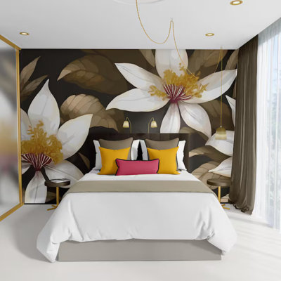 Oversized White Magnolia Wall Mural – Large Single Bloom Botanical Flower Wallpaper with Gold Center on Moody Dark Brown Background