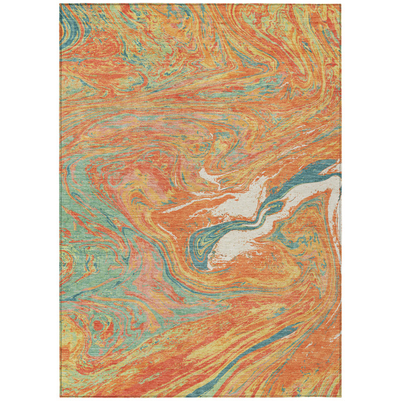 Tapis intérieur lavable abstrait vert orange et beige 9 pi x 12 pi
