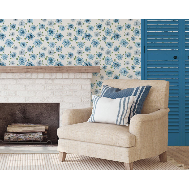 Fifty States Hydrangea 10' L x 24" W Wallpaper Roll, Blue, Premium Paper