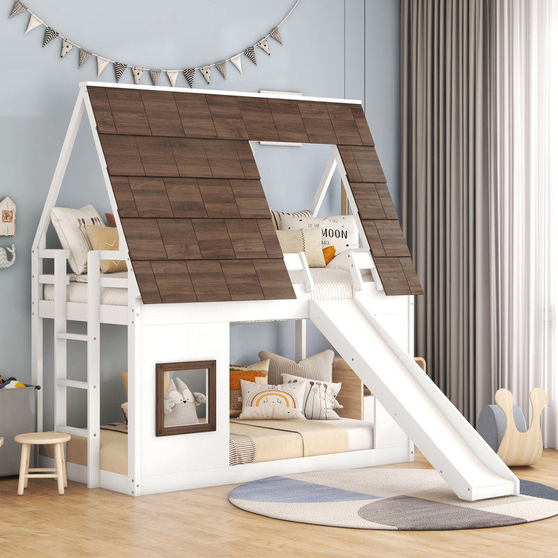 Lit superposé avec toit Wood House, Brun / Blanc