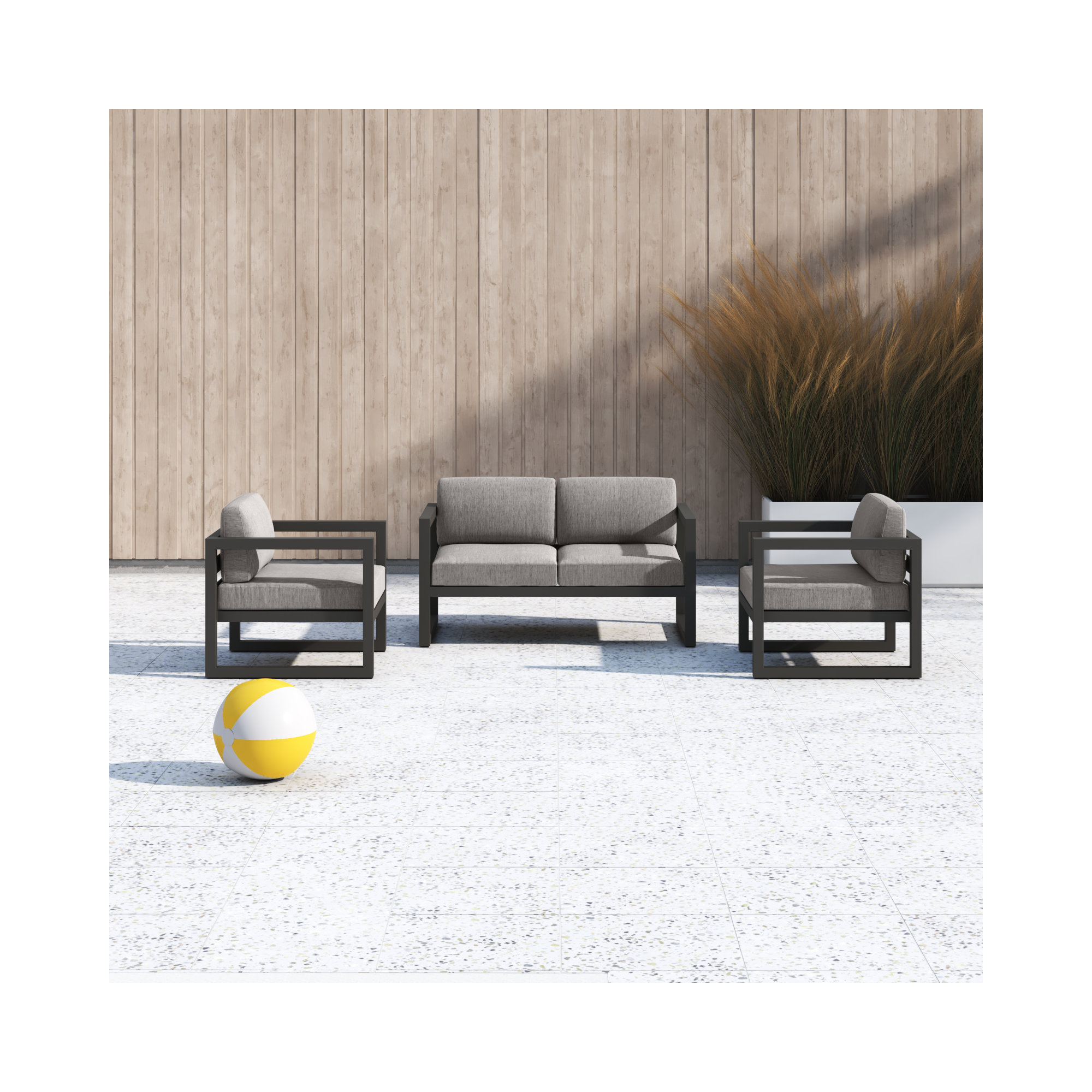 Smith 3 Piece Sofa Seating Group with Sunbrella Cushions, Slate, Cast Silver